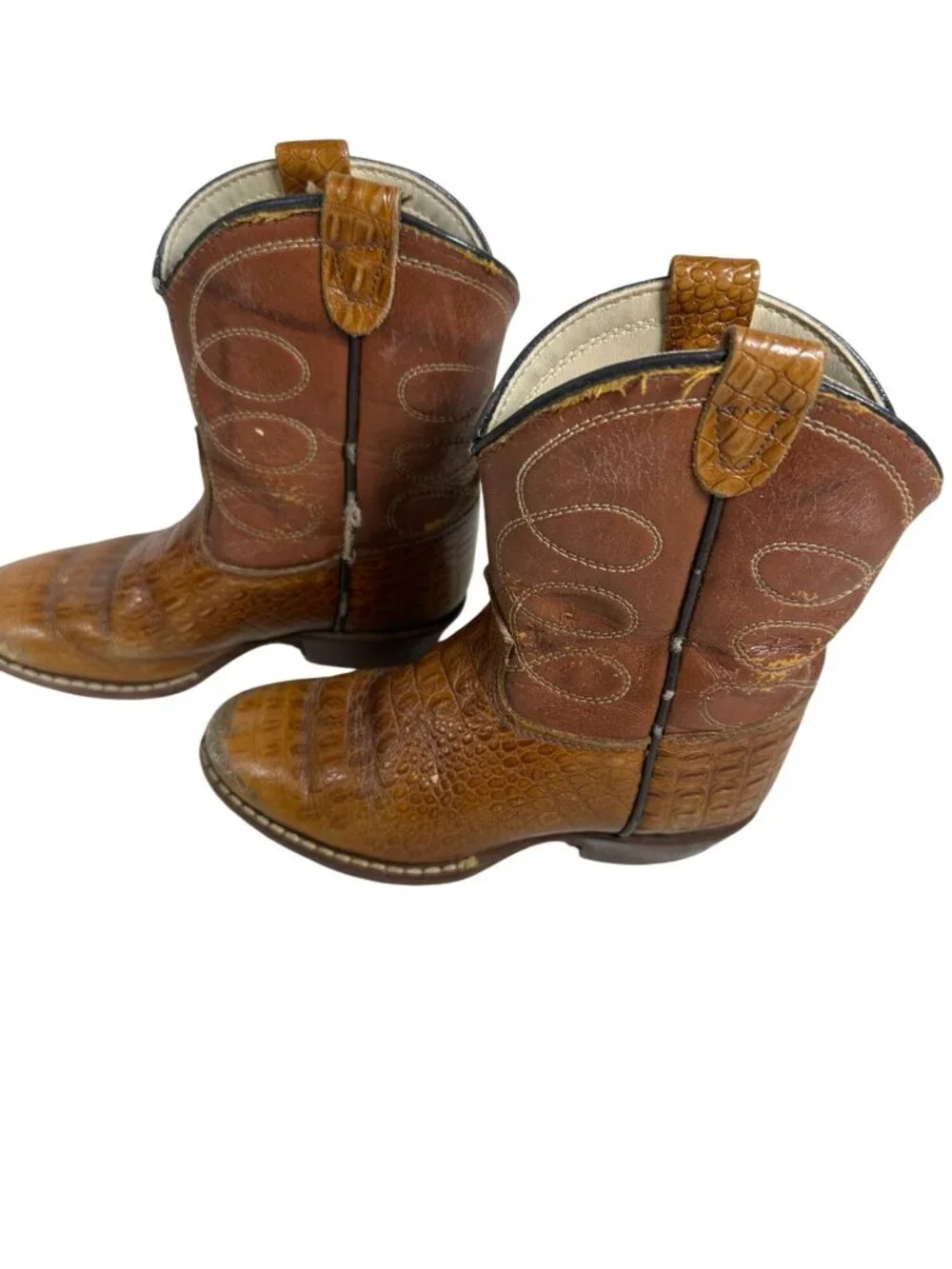 Brown Western Cowboy Boots With Crocodile Embossed Leather Kids Size 8D